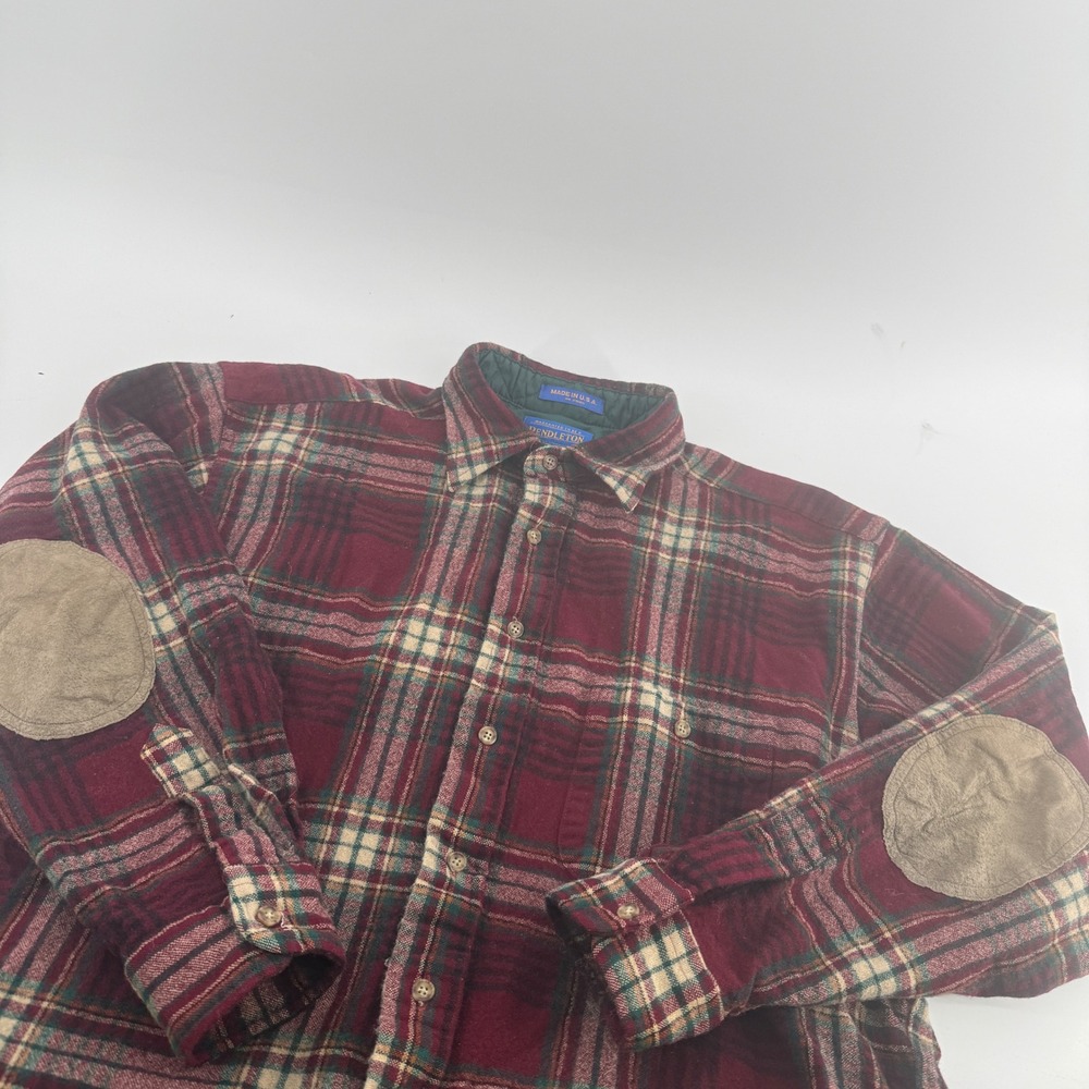 Pendleton Wool Flannel Shirt Mens Large Burgundy Plaid Elbow Patches Made in USA